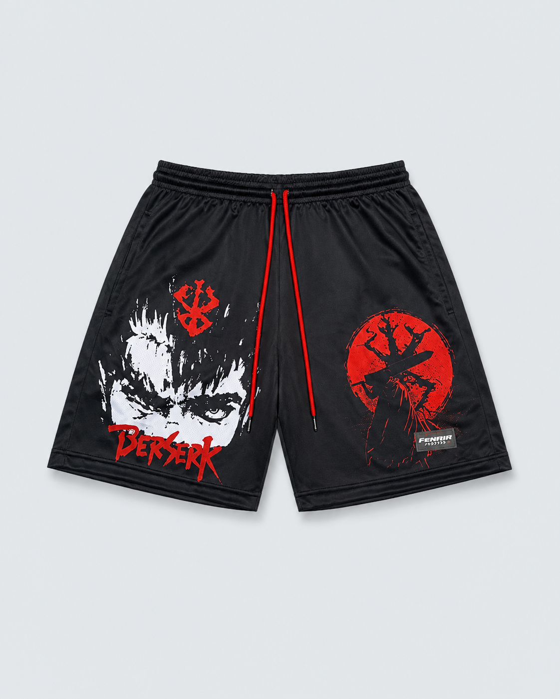 Berserk Guts anime gym shorts with dark graphic design – Fenrir